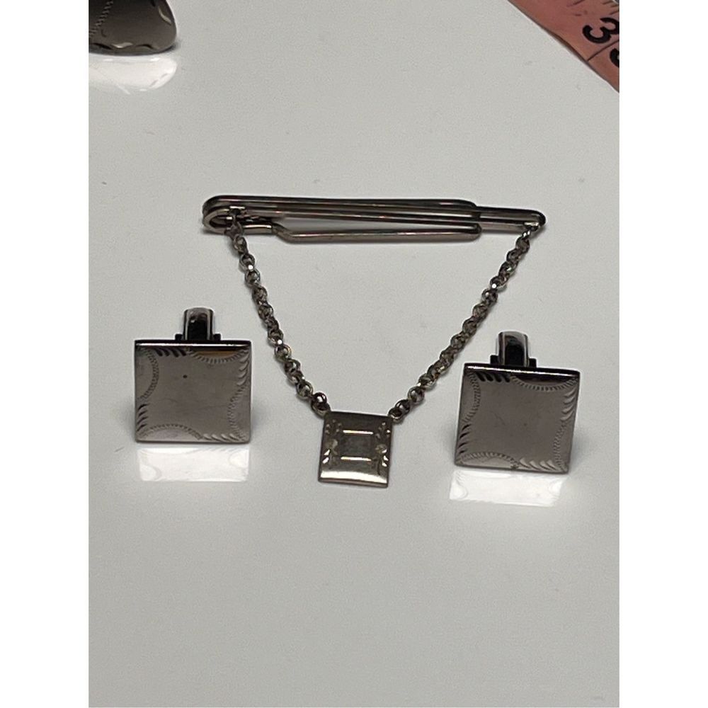 Vintage Engraved Sterling Silver Cuff Links & Tie Bar Hallmarked
